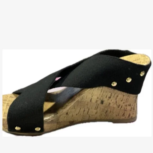Jaclyn Smith Platform Sandals Women's Size 8.5 Black Elastic Straps 4" Cork Heel - Picture 3 of 5